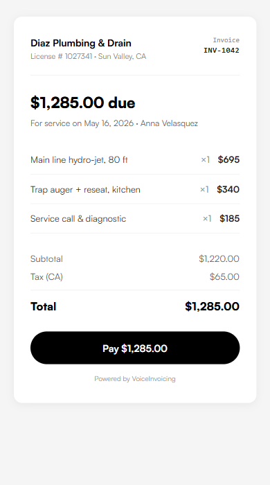 Sample VoiceInvoicing invoice as the customer receives it on their phone.
